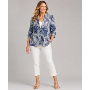 Karen Kane Blazer Jacket Womens Large Blue White Cotton Tropical Leaf Print‎